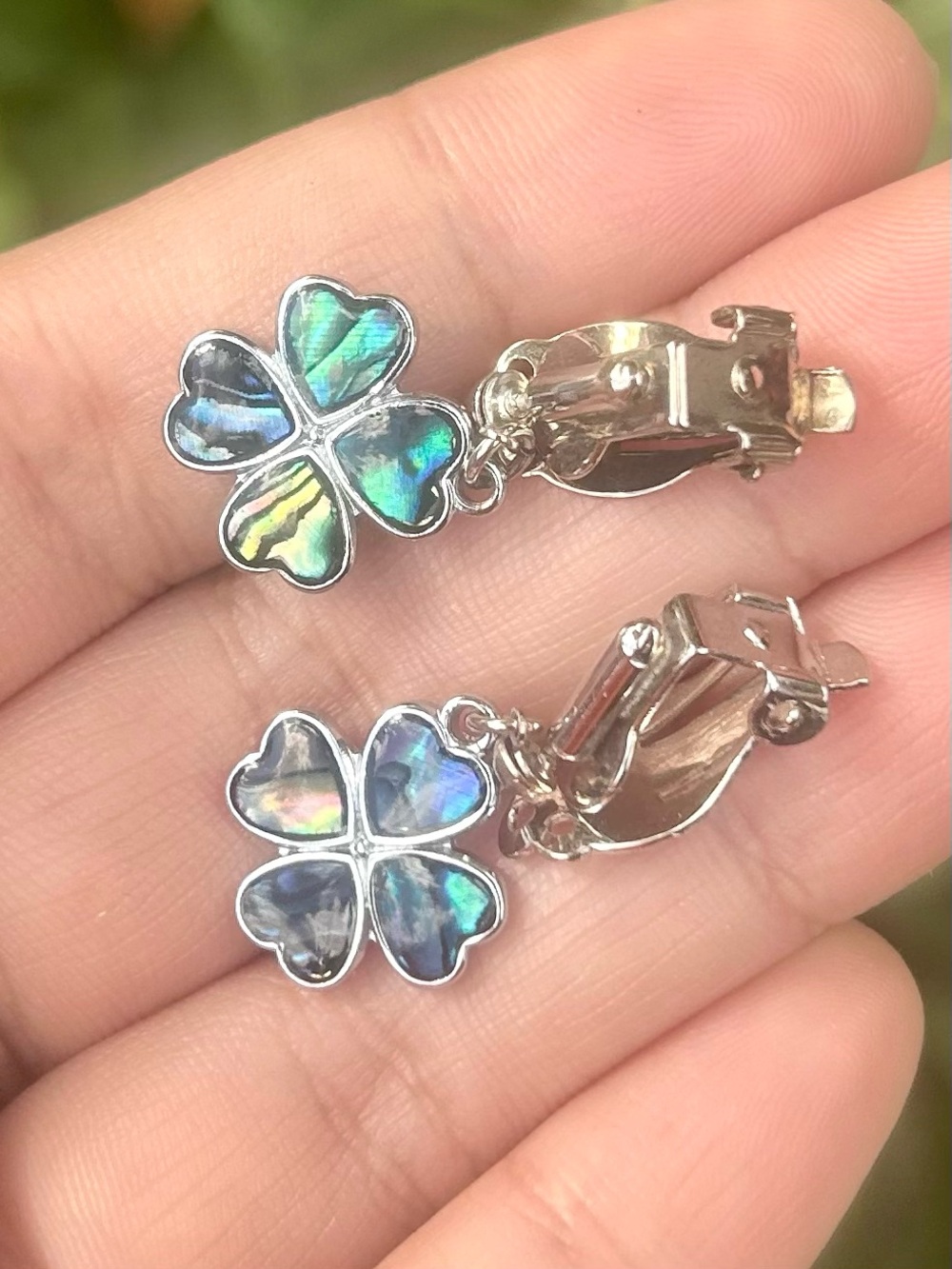 Vintage Silver-Tone & Abalone Four-Leaf Clover Clip-On Dangle Earrings